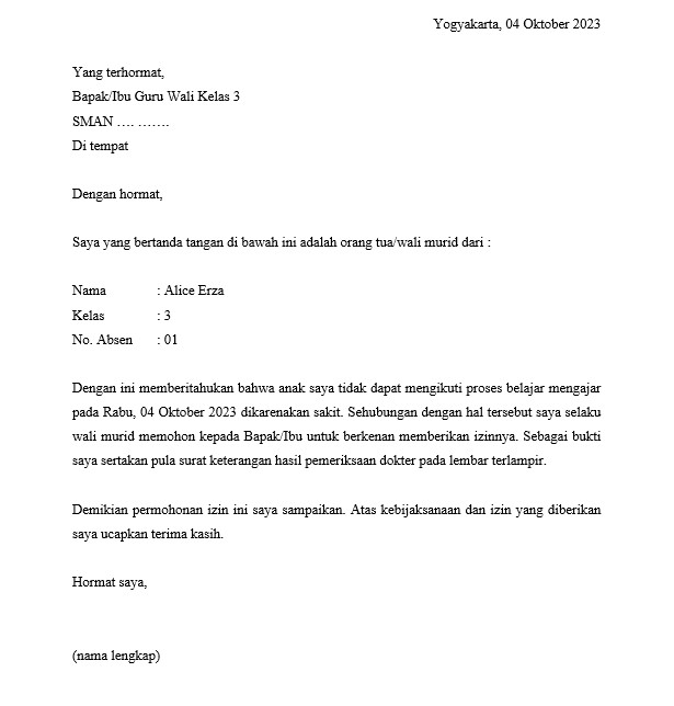 contoh surat izin tak masuk sekolah